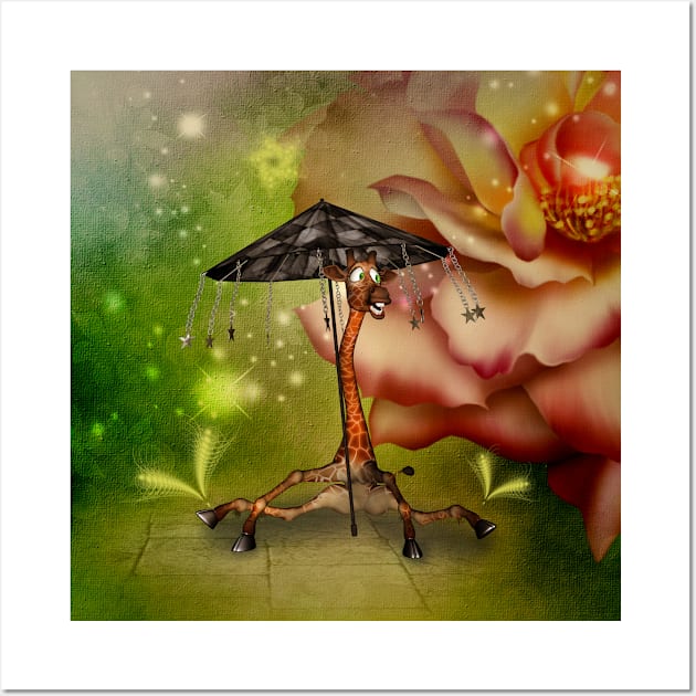 Funny, cute giraffe with umbrella Wall Art by Nicky2342